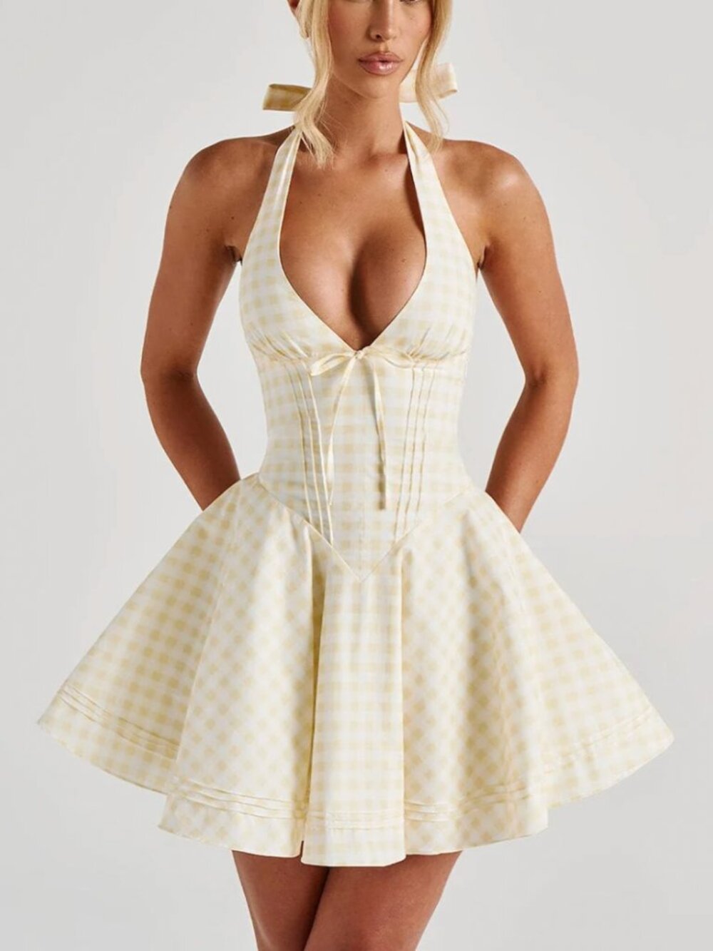Babyboo Doris Mini Dress - Lemon Gingham Yellow Ivory Party - Picture 3 of 7